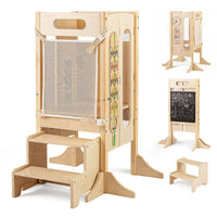 Versatile Wooden Learning Tower with Blackboard & Montessori Games for Children 3+ Years Old