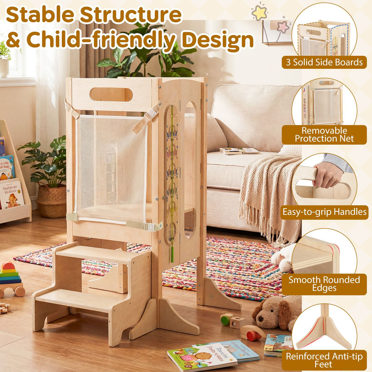 Versatile Wooden Learning Tower with Blackboard & Montessori Games for Children 3+ Years Old