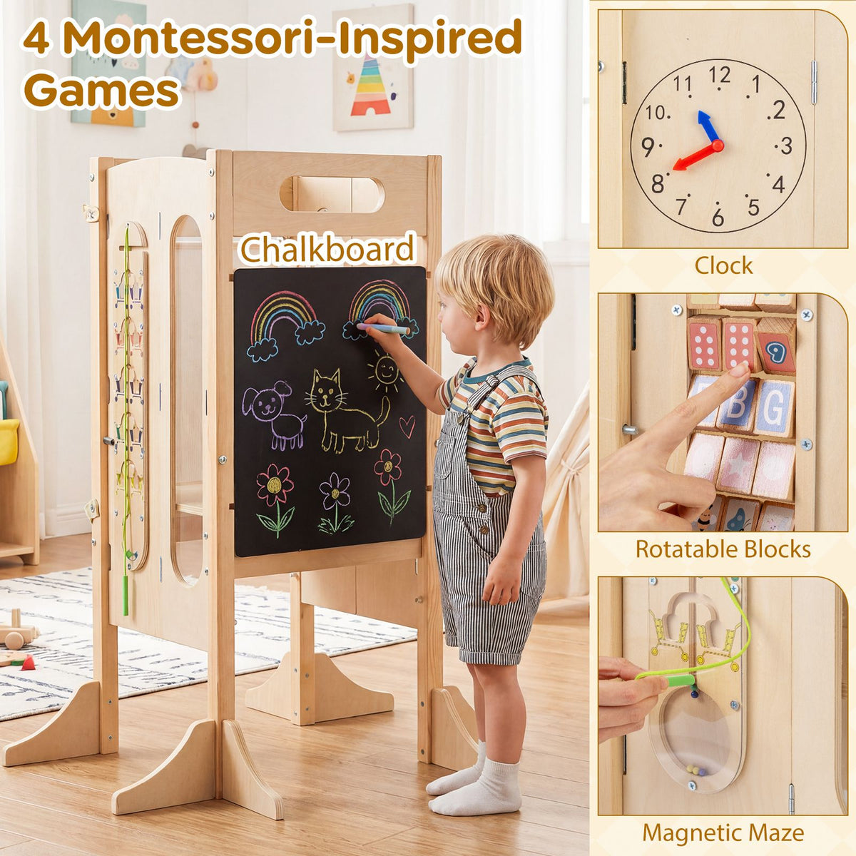 Versatile Wooden Learning Tower with Blackboard & Montessori Games for Children 3+ Years Old
