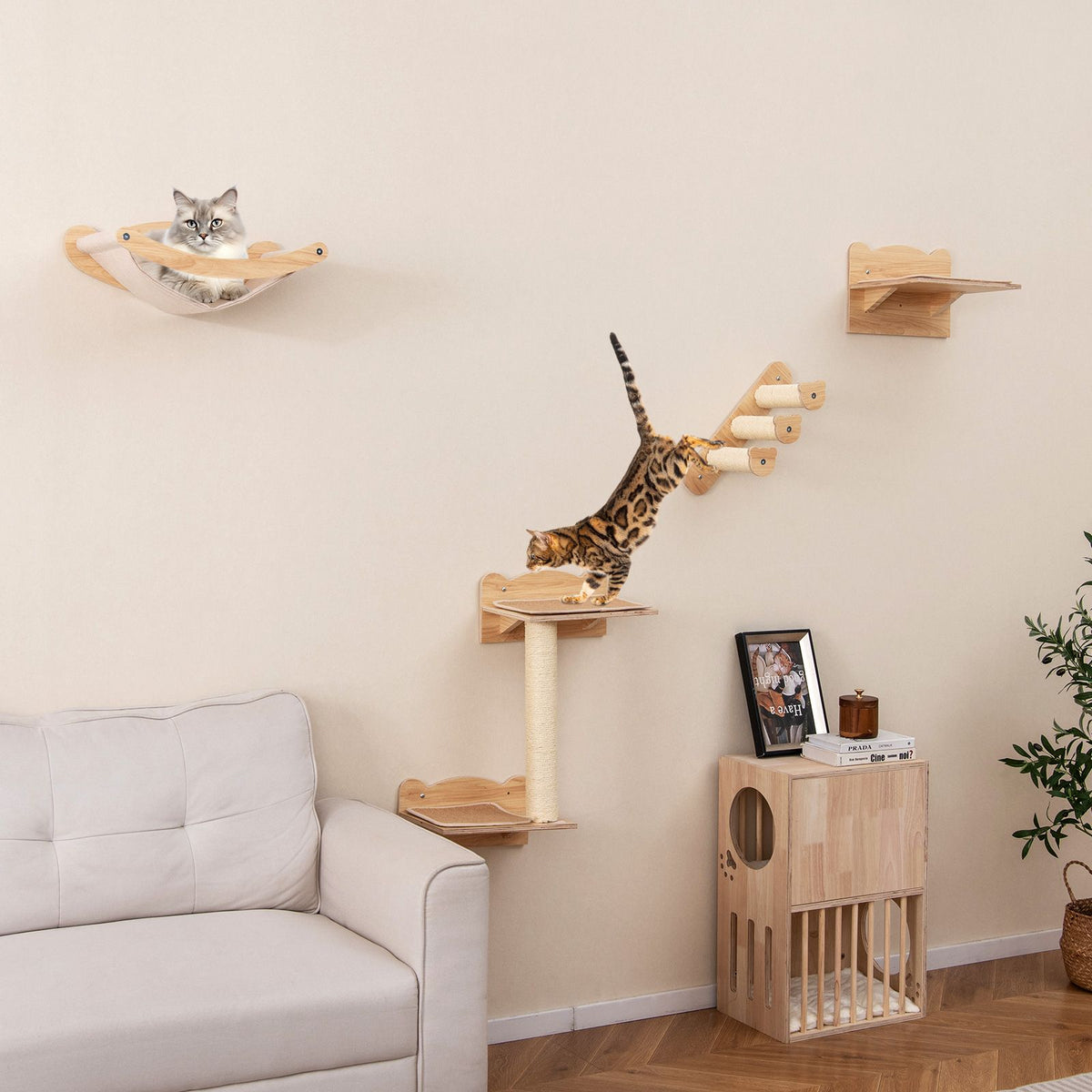 Existing Cat Set Wall-Mounted Cat Shelves Cat Wall Furniture Set of 4 with Hammock 2-st ...