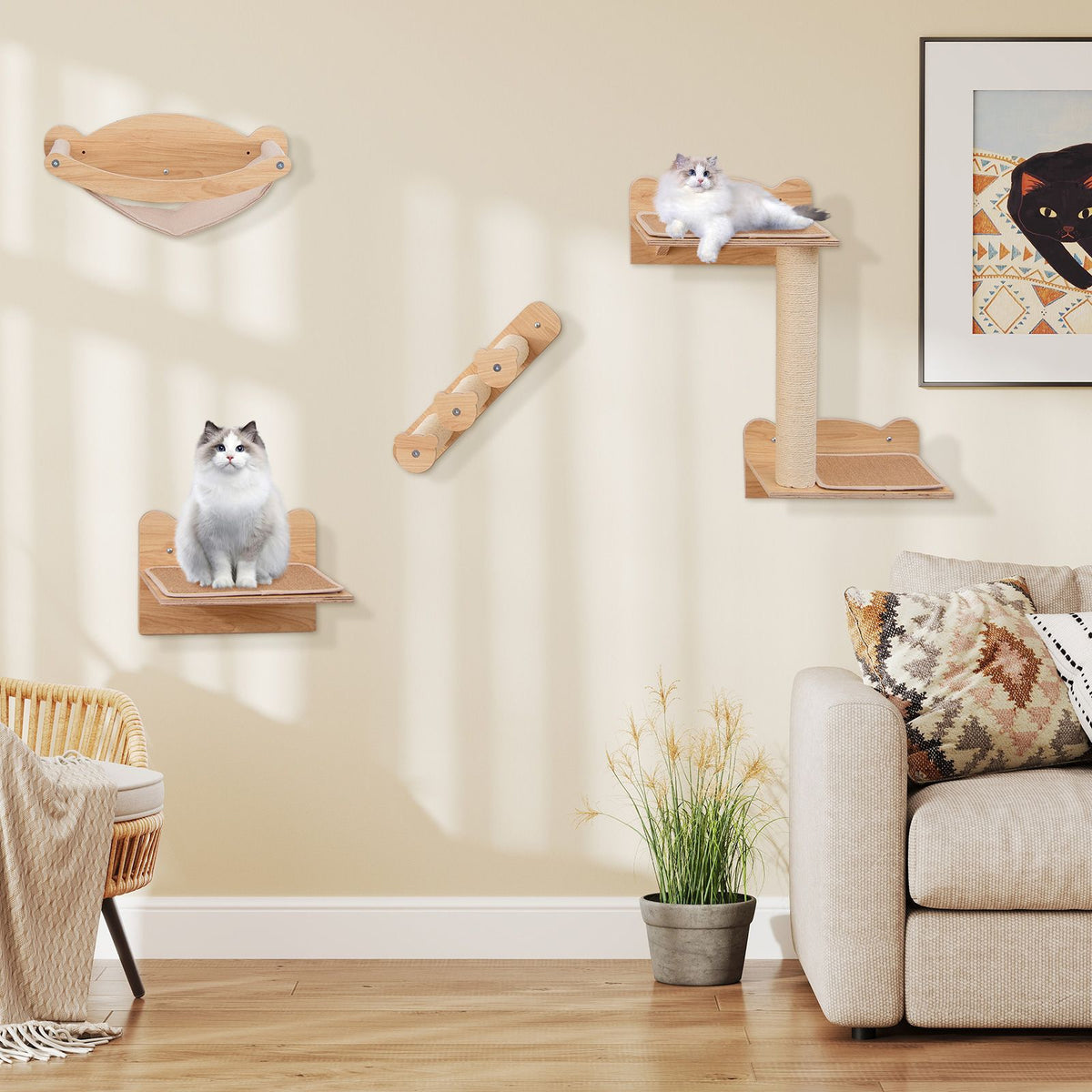 Wall-Mounted Cat Shelves Cat Wall Furniture Set of 4 with Hammock 2-step Cat Tree