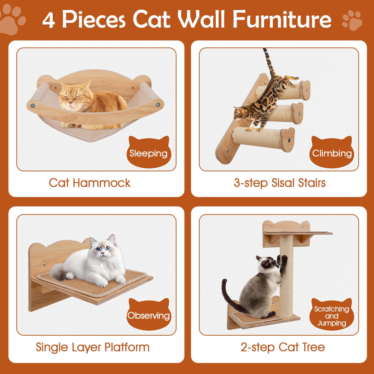 Wall-Mounted Cat Shelves Cat Wall Furniture Set of 4 with Hammock 2-step Cat Tree