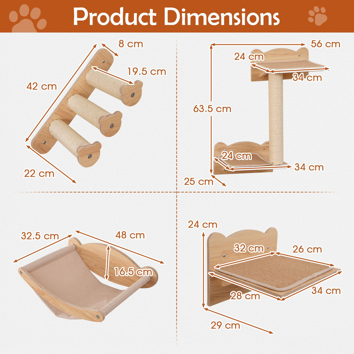 Wall-Mounted Cat Shelves Cat Wall Furniture Set of 4 with Hammock 2-step Cat Tree