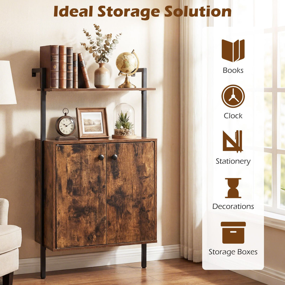 Wall Mount Bookcase with Double-Door Cabinet and Heavy-Duty Metal Frame for Living Room