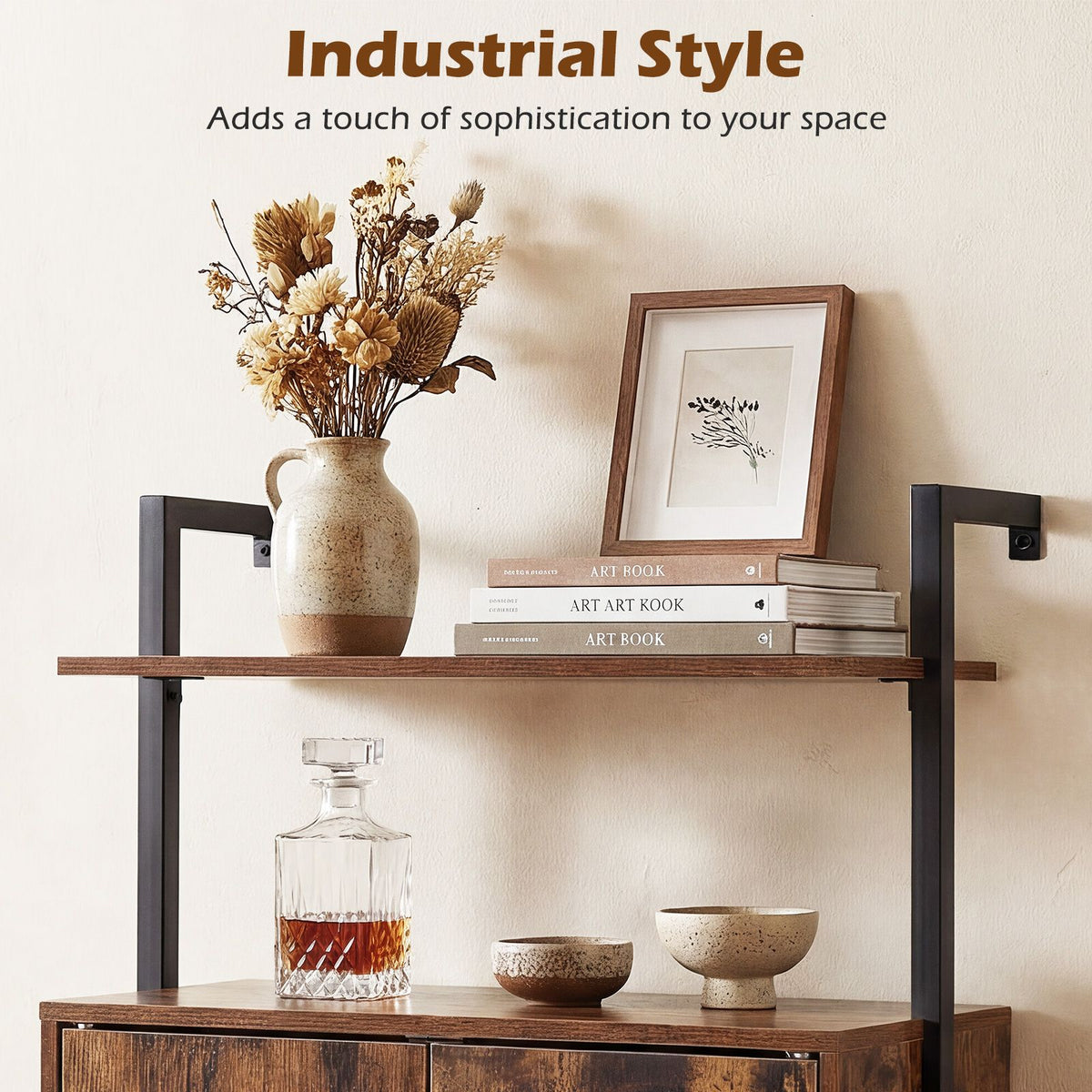 Wall Mount Bookcase with Double-Door Cabinet and Heavy-Duty Metal Frame for Living Room