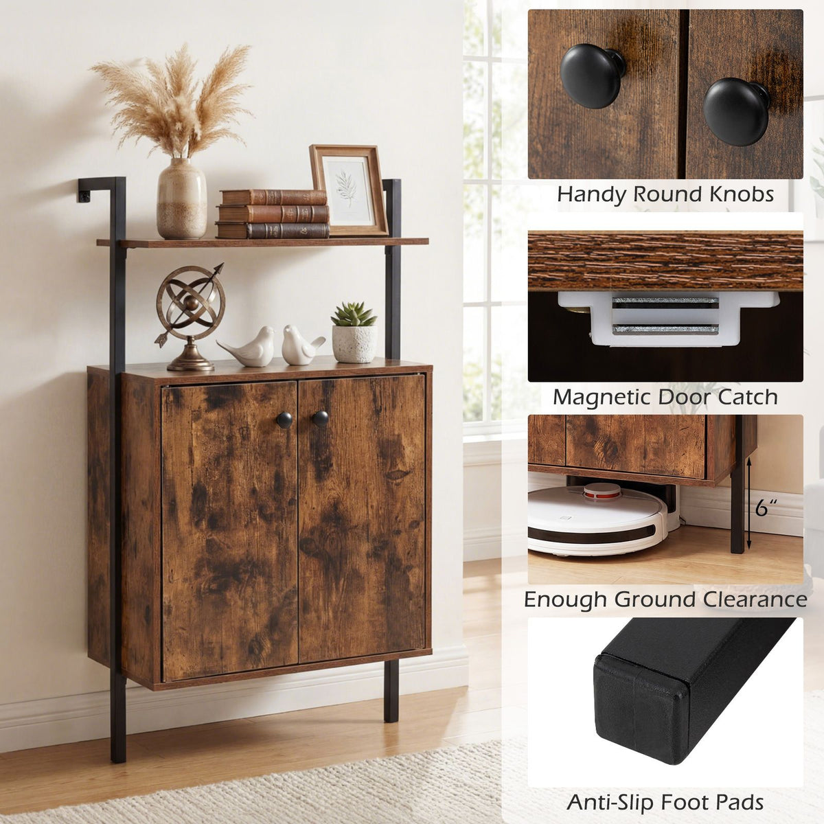 Wall Mount Bookcase with Double-Door Cabinet and Heavy-Duty Metal Frame for Living Room