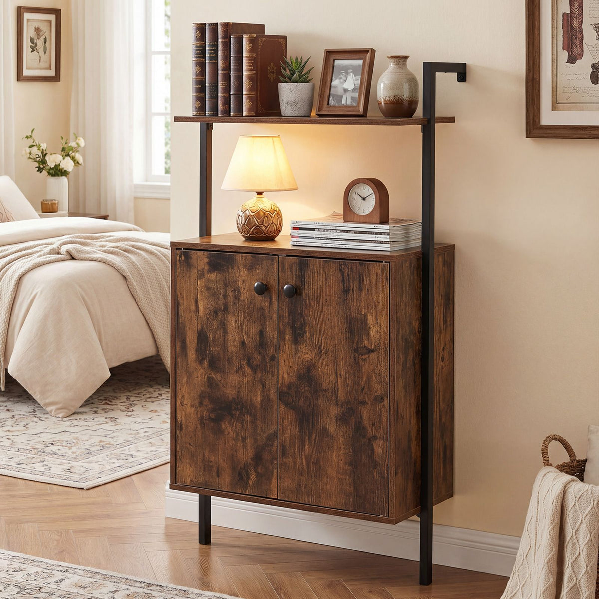 Wall Mount Bookcase with Double-Door Cabinet and Heavy-Duty Metal Frame for Living Room