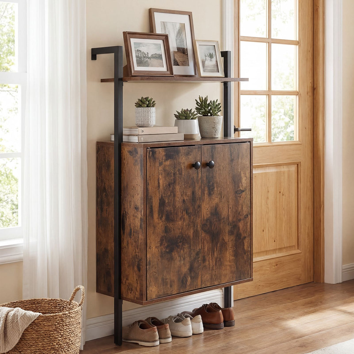 Wall Mount Bookcase with Double-Door Cabinet and Heavy-Duty Metal Frame for Living Room