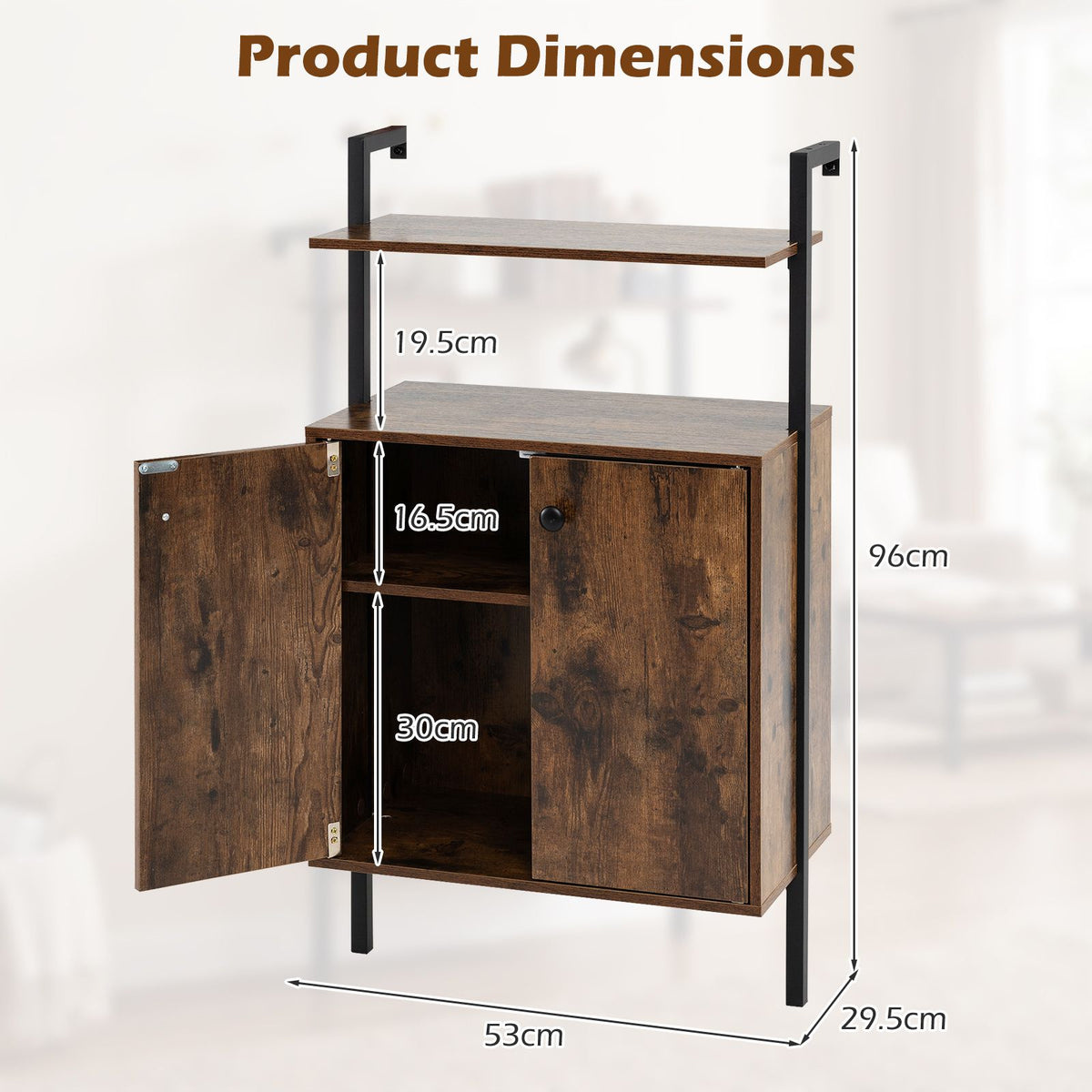 Wall Mount Bookcase with Double-Door Cabinet and Heavy-Duty Metal Frame for Living Room