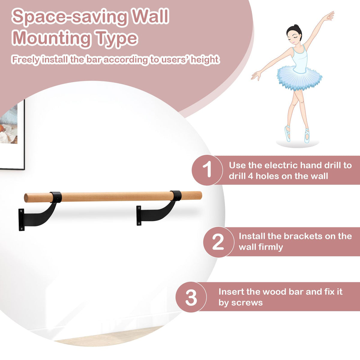 Wall Mounted Ballet Barre System with Fixed Height and Mounting Hardware for Home