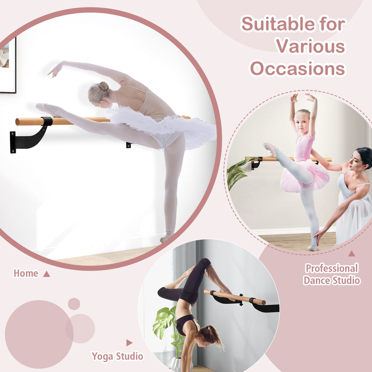 Wall Mounted Ballet Barre System with Fixed Height and Mounting Hardware for Home