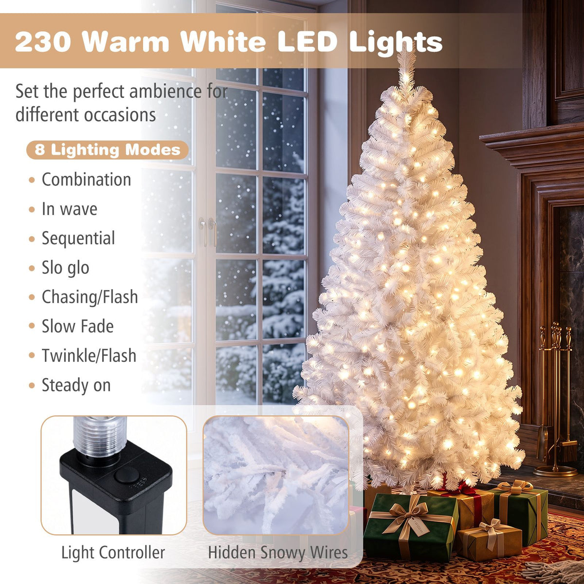 White Christmas Tree with LED Lights and 8 Lighting Effects for Christmas Decoration