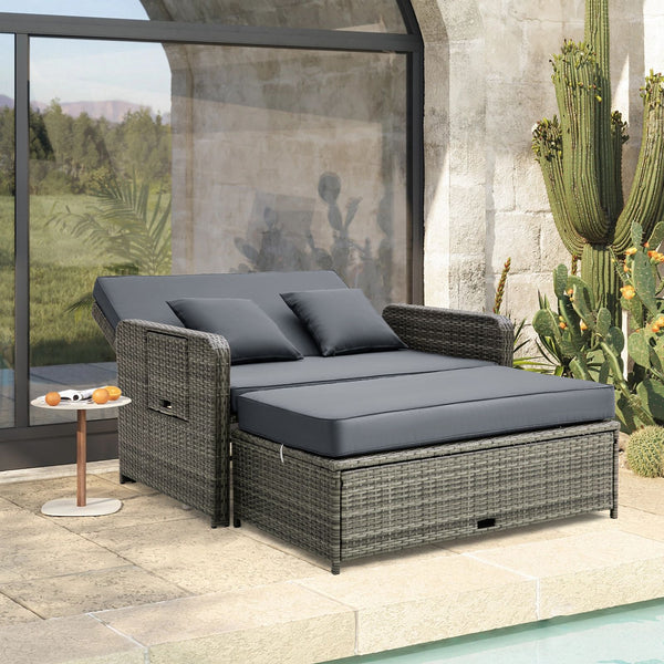 Wicker Daybed with Adjustable Backrest and 2 Pieces Furniture Set