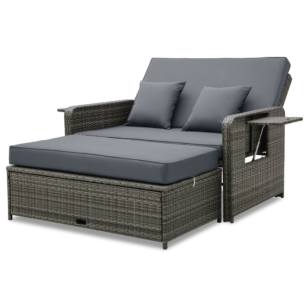 Wicker Daybed with Adjustable Backrest and 2 Pieces Furniture Set