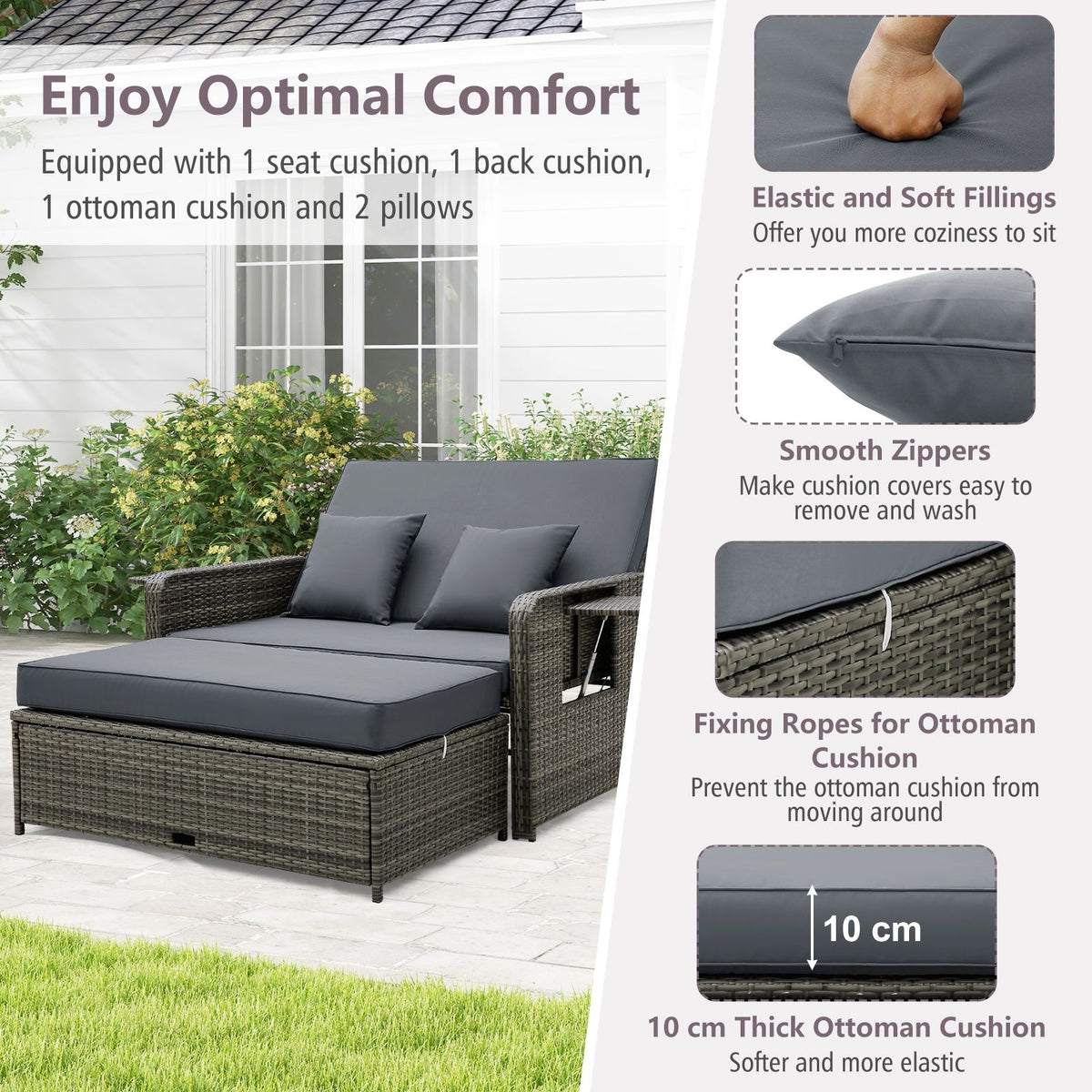 Wicker Daybed with Adjustable Backrest and 2 Pieces Furniture Set