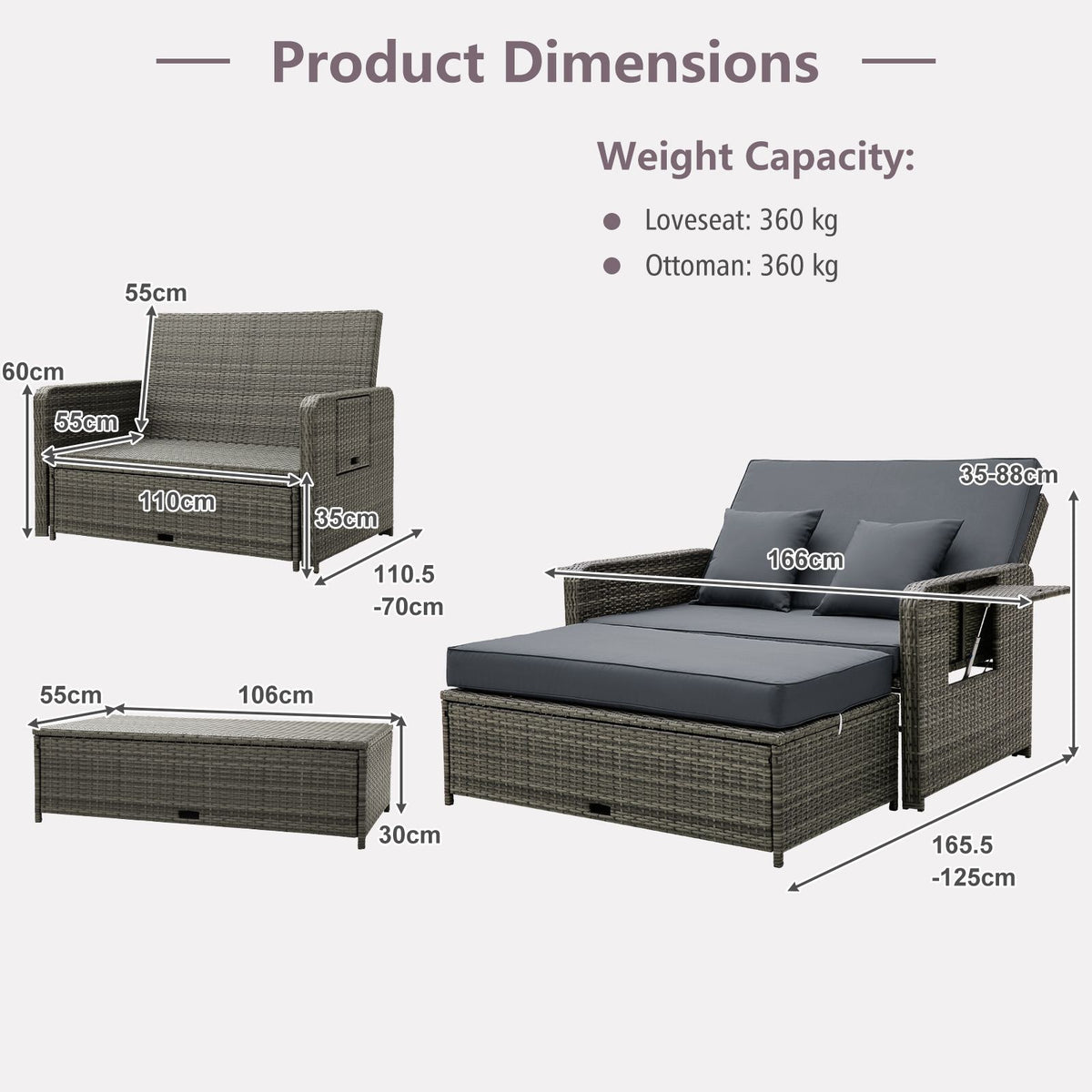 Wicker Daybed with Adjustable Backrest and 2 Pieces Furniture Set