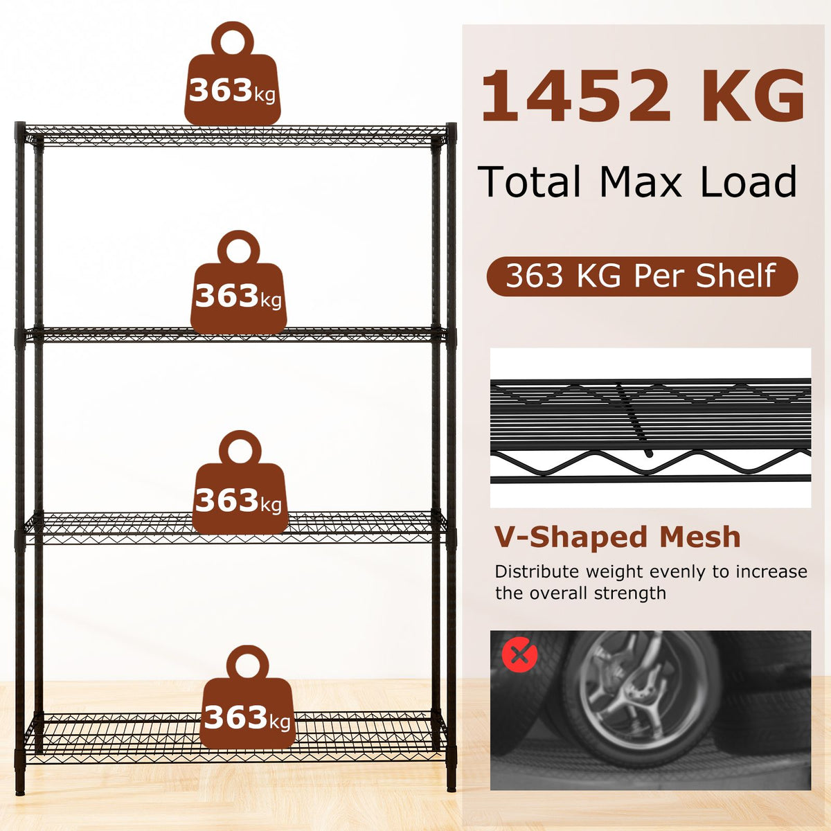 4/5/6-Tier Wire Shelving Unit with 1452/1815/2178 kg Load Capacity