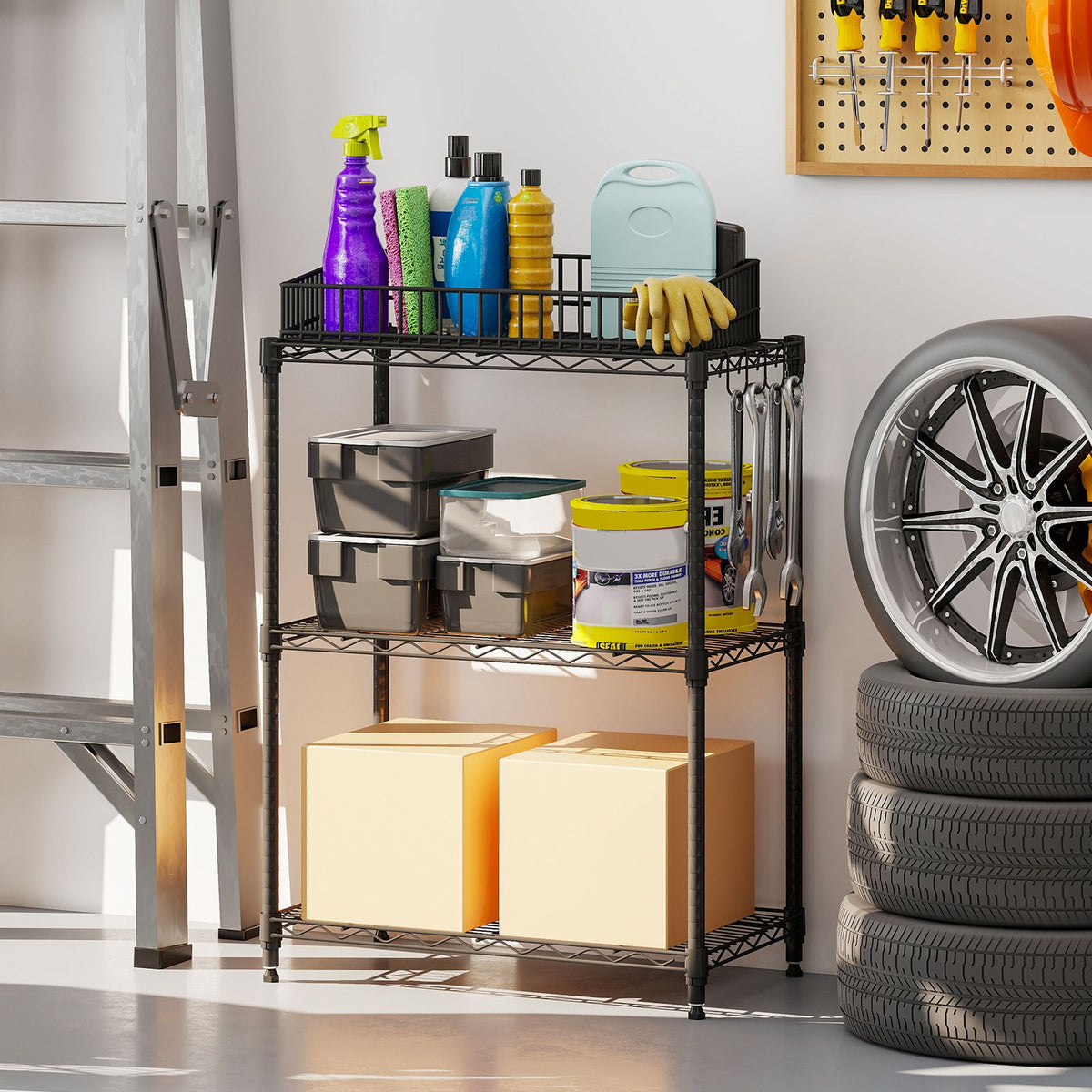 3/4/5/6-Tier Wire Shelving Unit with 4 Hooks and 204/272/340/408 kg Load Capacity
