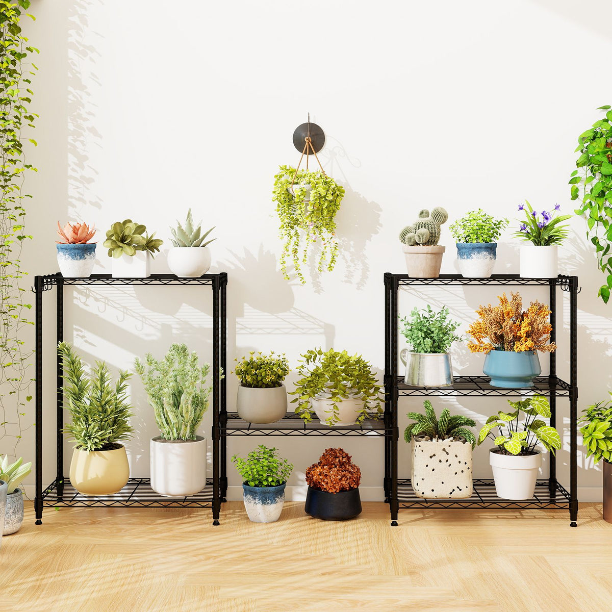 3/4/5/6-Tier Wire Shelving Unit with 4 Hooks and 204/272/340/408 kg Load Capacity