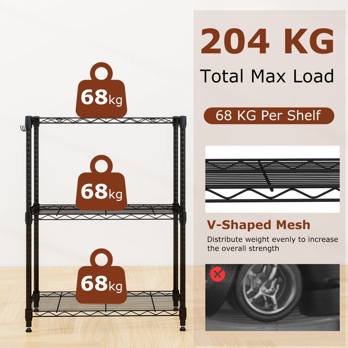 3/4/5/6-Tier Wire Shelving Unit with 4 Hooks and 204/272/340/408 kg Load Capacity