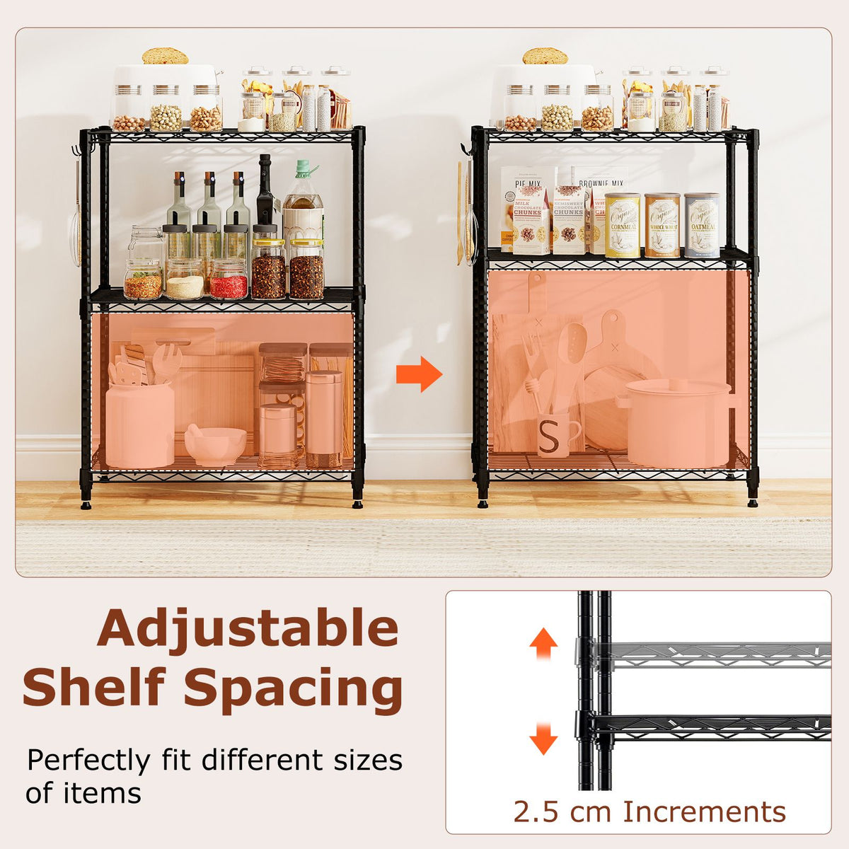 3/4/5/6-Tier Wire Shelving Unit with 4 Hooks and 204/272/340/408 kg Load Capacity