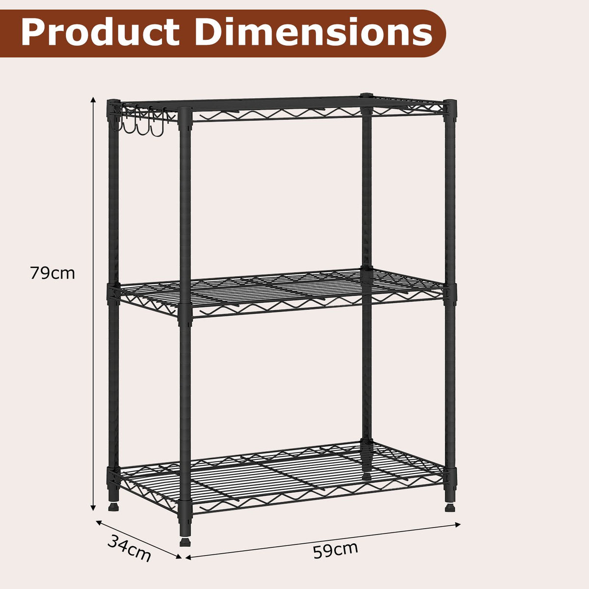3/4/5/6-Tier Wire Shelving Unit with 4 Hooks and 204/272/340/408 kg Load Capacity