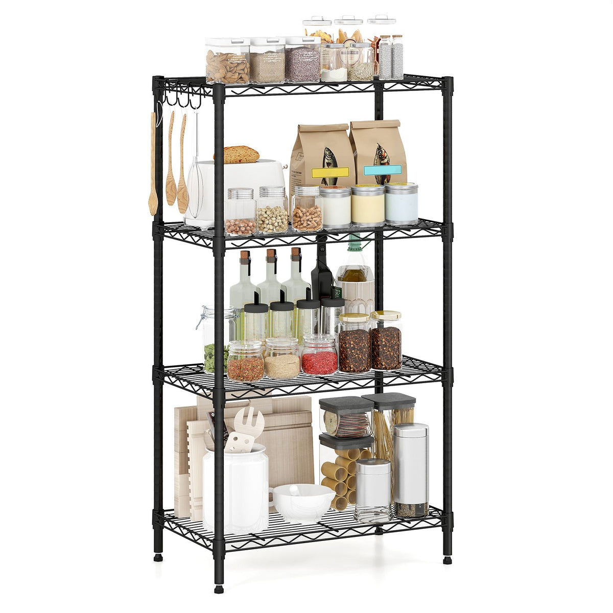 3/4/5/6-Tier Wire Shelving Unit with 4 Hooks and 204/272/340/408 kg Load Capacity