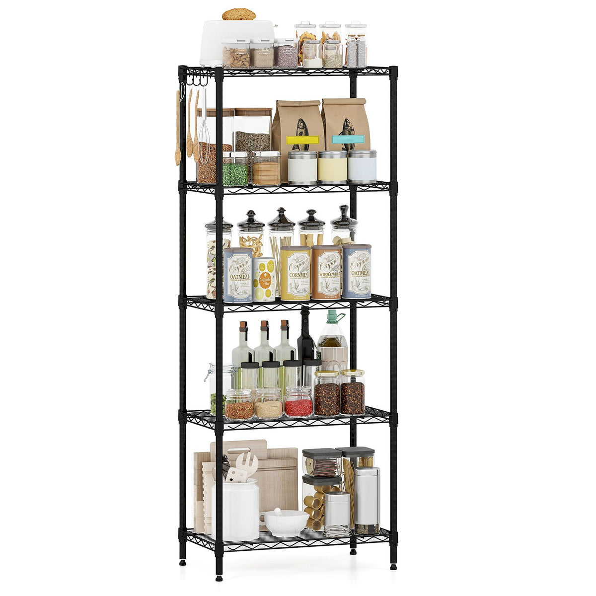 3/4/5/6-Tier Wire Shelving Unit with 4 Hooks and 204/272/340/408 kg Load Capacity