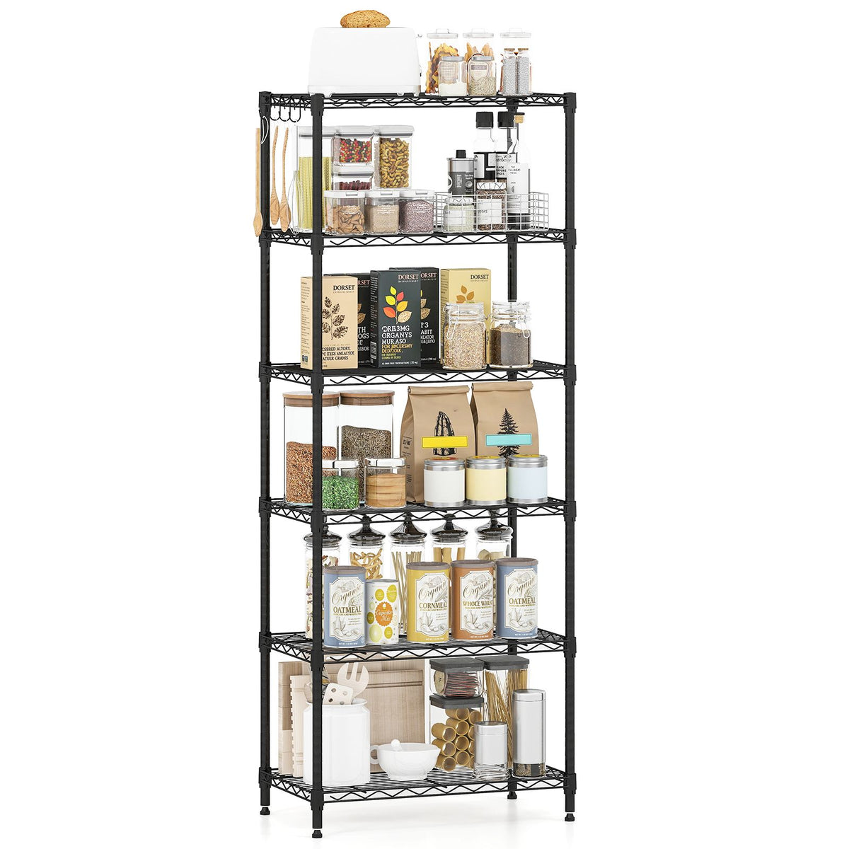 3/4/5/6-Tier Wire Shelving Unit with 4 Hooks and 204/272/340/408 kg Load Capacity