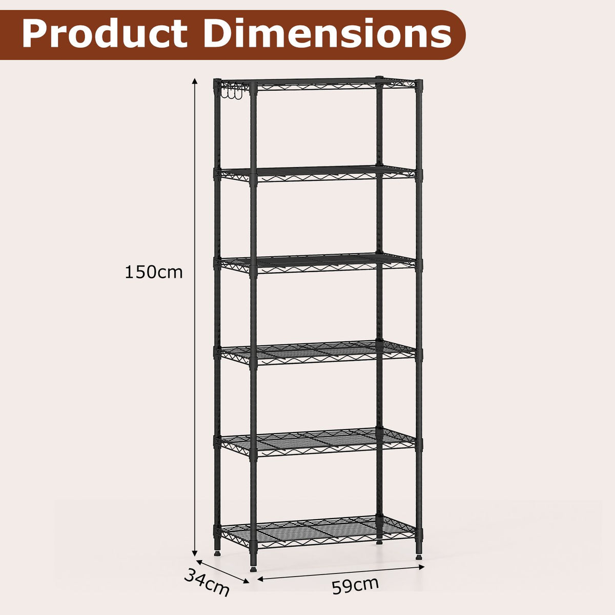 3/4/5/6-Tier Wire Shelving Unit with 4 Hooks and 204/272/340/408 kg Load Capacity