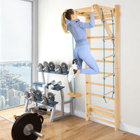 Wood Stall Bar with Swedish Wall Pull Up Bar Rope Ladder and Trapeze
