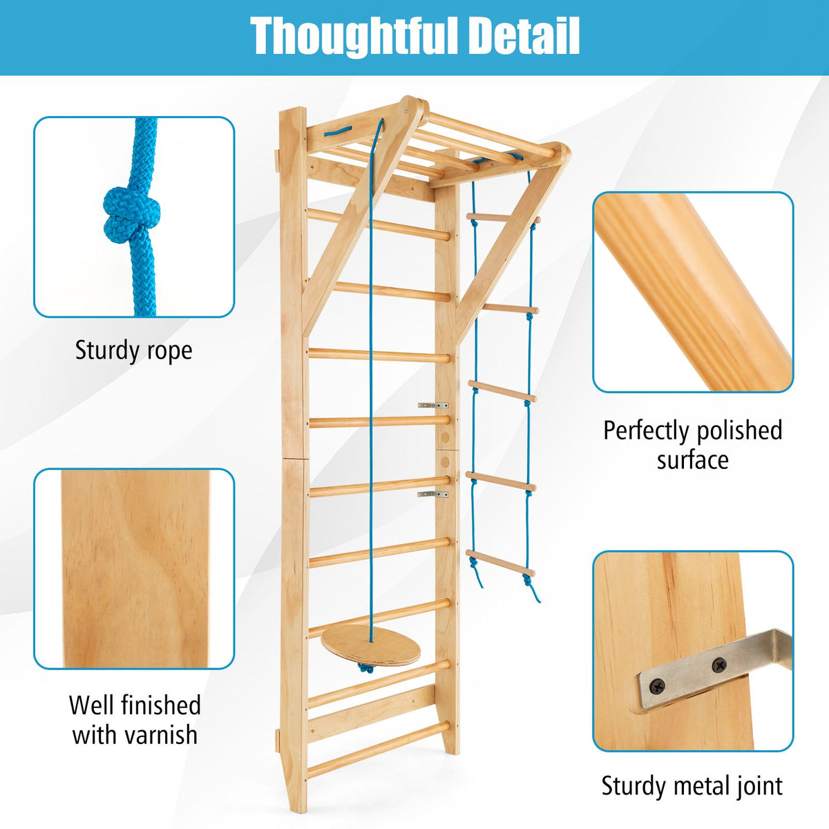 Wood Stall Bar with Swedish Wall Pull Up Bar Rope Ladder and Trapeze