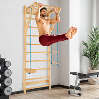 Wood Stall Bar with Swedish Wall Pull Up Bar Rope Ladder and Trapeze