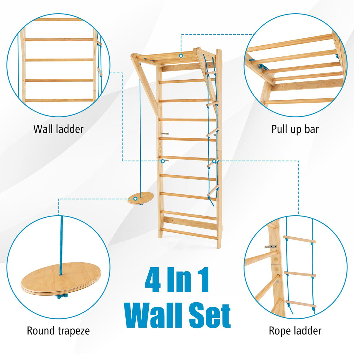 Wood Stall Bar with Swedish Wall Pull Up Bar Rope Ladder and Trapeze
