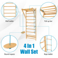 Wood Stall Bar with Swedish Wall Pull Up Bar Rope Ladder and Trapeze
