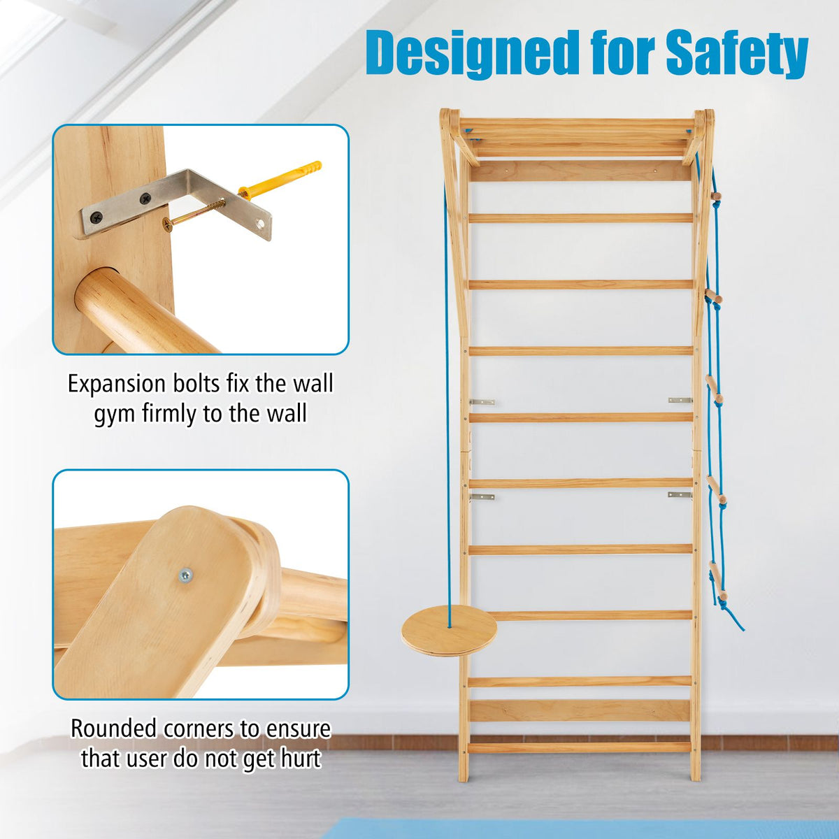 Wood Stall Bar with Swedish Wall Pull Up Bar Rope Ladder and Trapeze