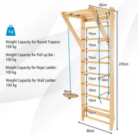 Wood Stall Bar with Swedish Wall Pull Up Bar Rope Ladder and Trapeze