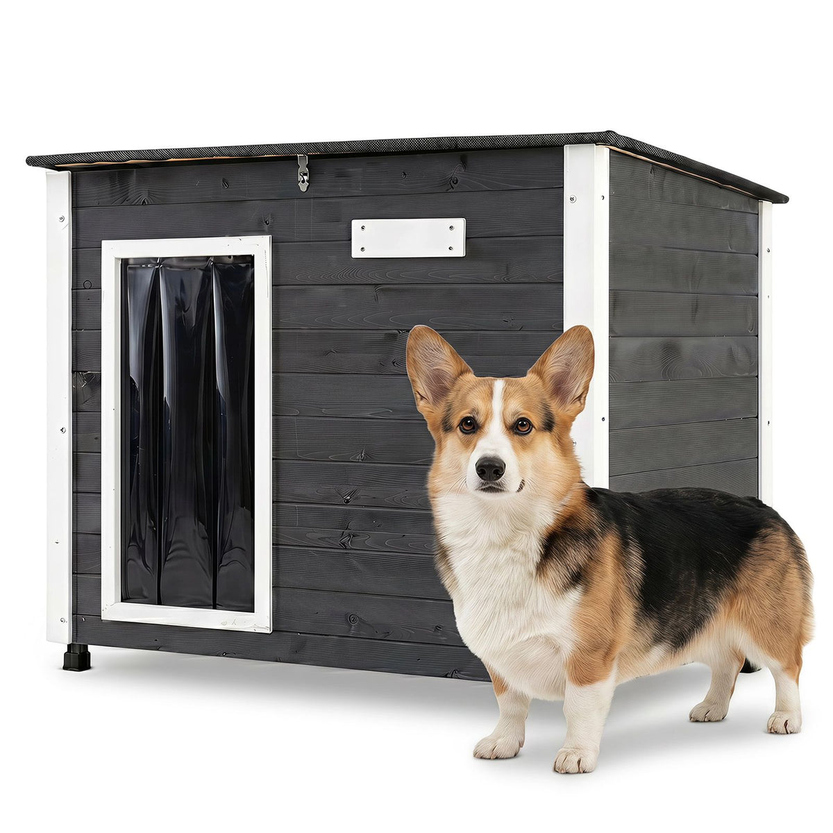 Wooden Dog House Outdoor Weatherproof with PVC Curtain 2 Size