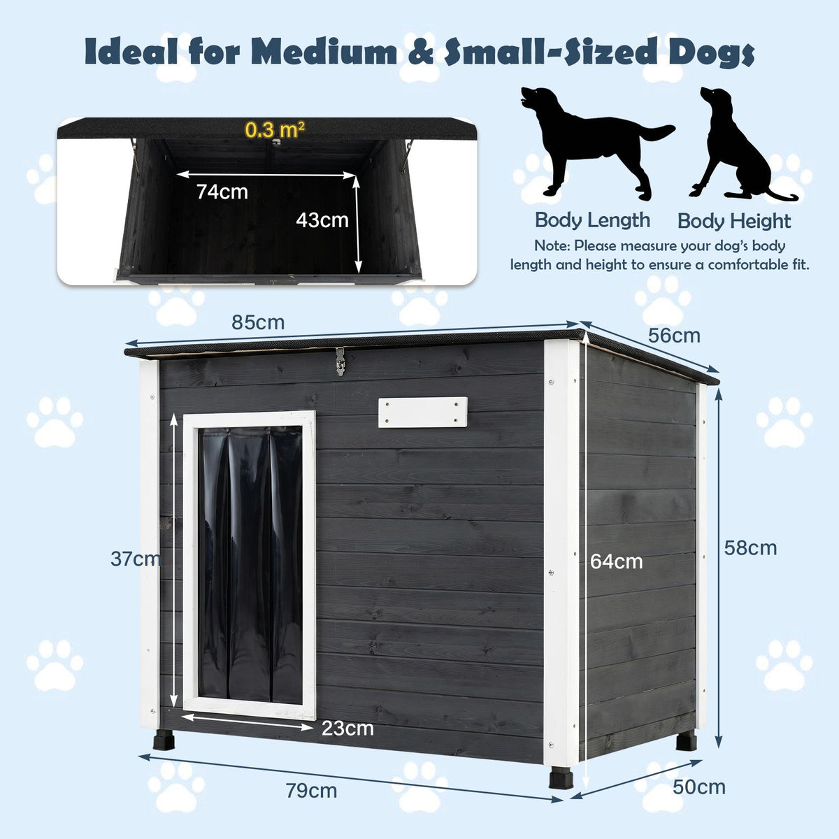 Wooden Dog House Outdoor Weatherproof with PVC Curtain 2 Size