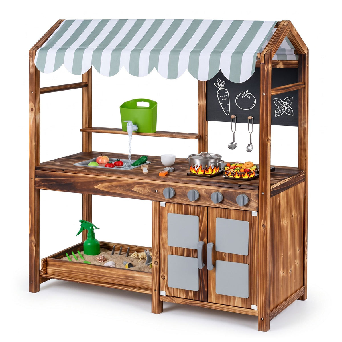Wooden Kids Mud Kitchen with Canopy and 8 Accessories 2-Sided Chalkboard for Boys Girls