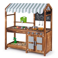 Wooden Kids Mud Kitchen with Canopy and 8 Accessories 2-Sided Chalkboard for Boys Girls