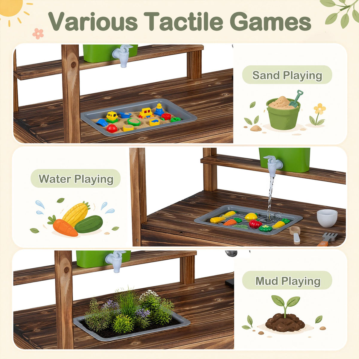 Wooden Kids Mud Kitchen with Canopy and 8 Accessories 2-Sided Chalkboard for Boys Girls