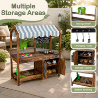 Wooden Kids Mud Kitchen with Canopy and 8 Accessories 2-Sided Chalkboard for Boys Girls