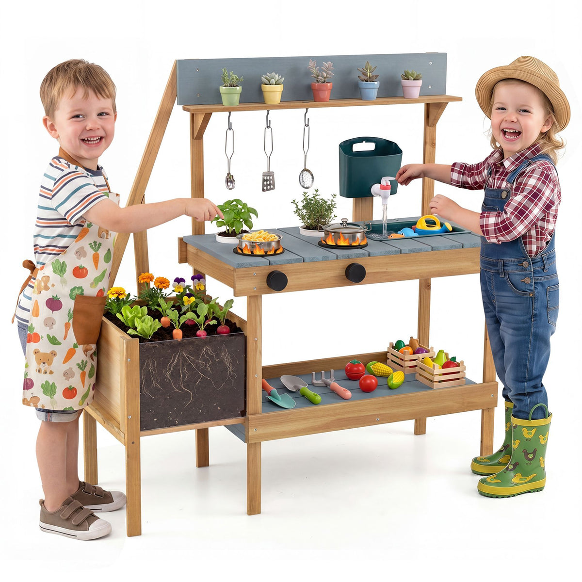 Kids Mud Kitchen, Wooden Play Kitchen with Planter Box, Stoves, Water Tank, Sink & 9 Accessories, Outdoor Pretend Kitchen Playset for Toddlers Aged 3+
