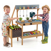 Kids Mud Kitchen, Wooden Play Kitchen with Planter Box, Stoves, Water Tank, Sink & 9 Accessories, Outdoor Pretend Kitchen Playset for Toddlers Aged 3+