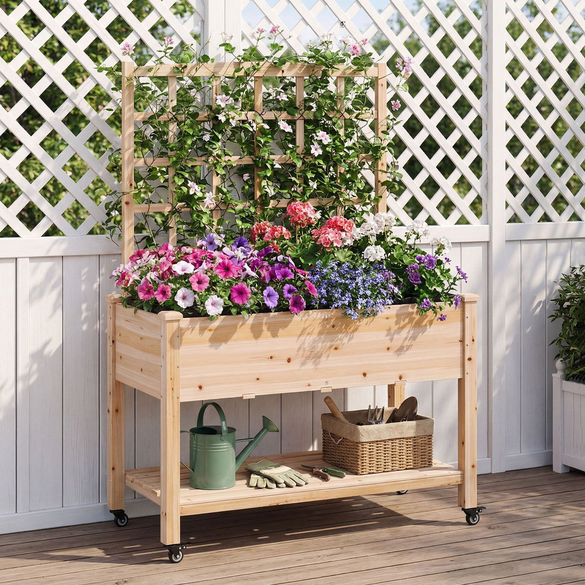 Wooden Raised Garden Bed with Trellis Liner and Drainage Holes for Climbing Plant