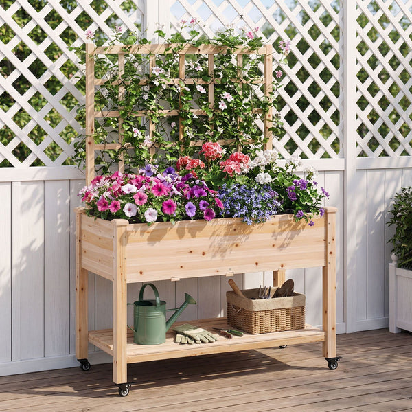 Wooden Raised Garden Bed with Trellis Liner and Drainage Holes for Climbing Plant