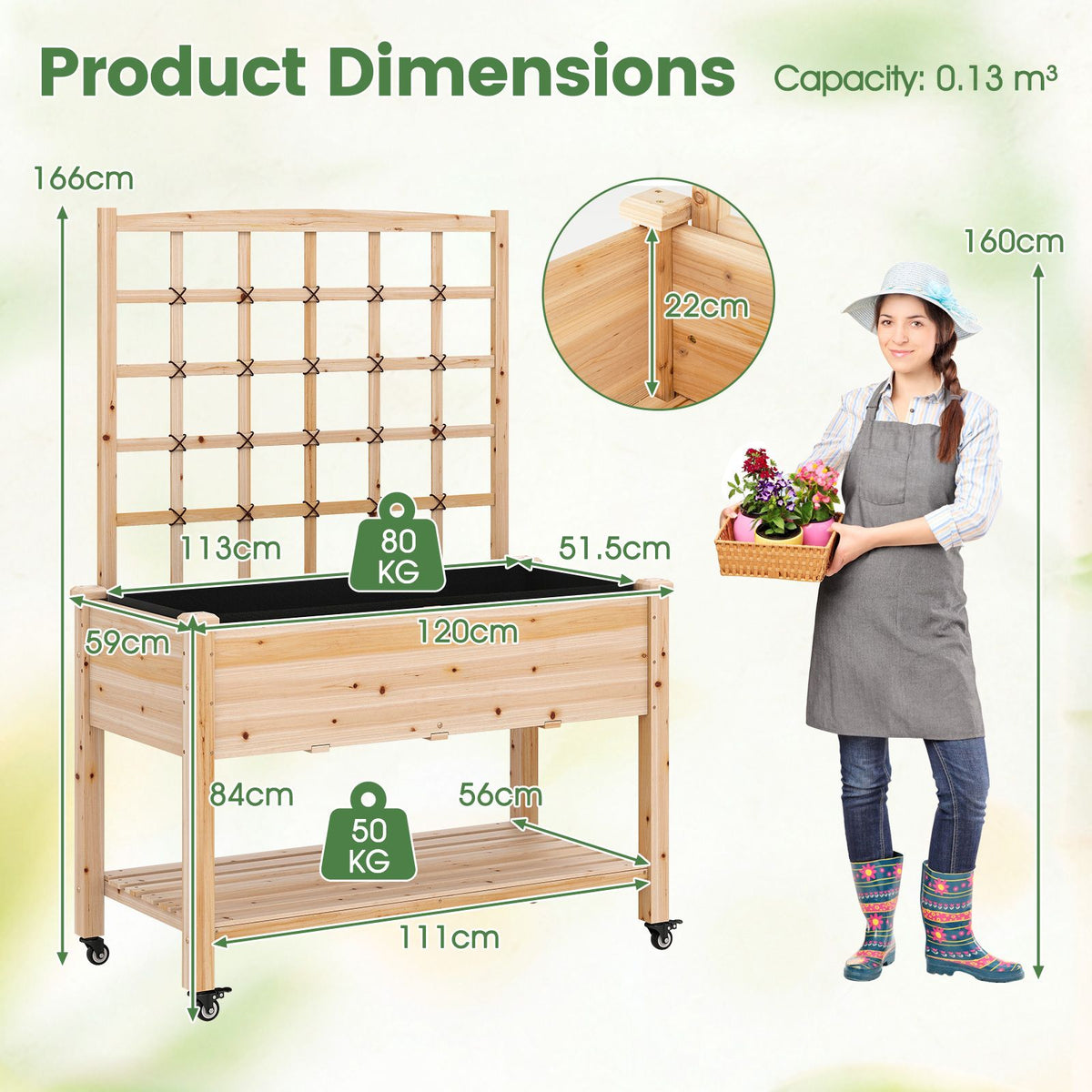 Wooden Raised Garden Bed with Trellis Liner and Drainage Holes for Climbing Plant