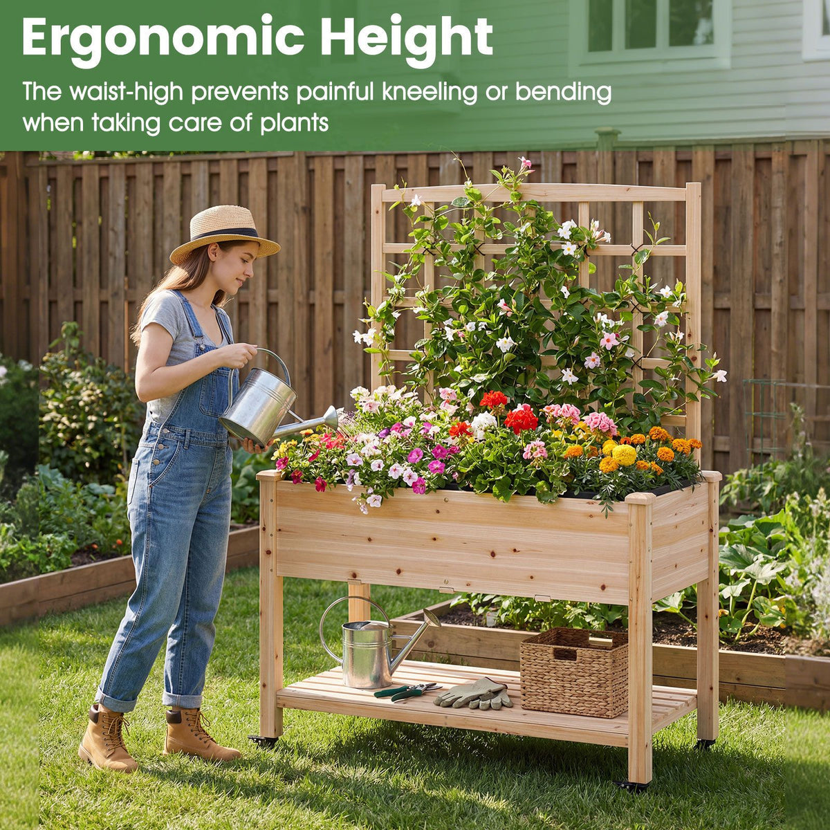 Wooden Raised Garden Bed with Trellis Liner and Drainage Holes for Climbing Plant