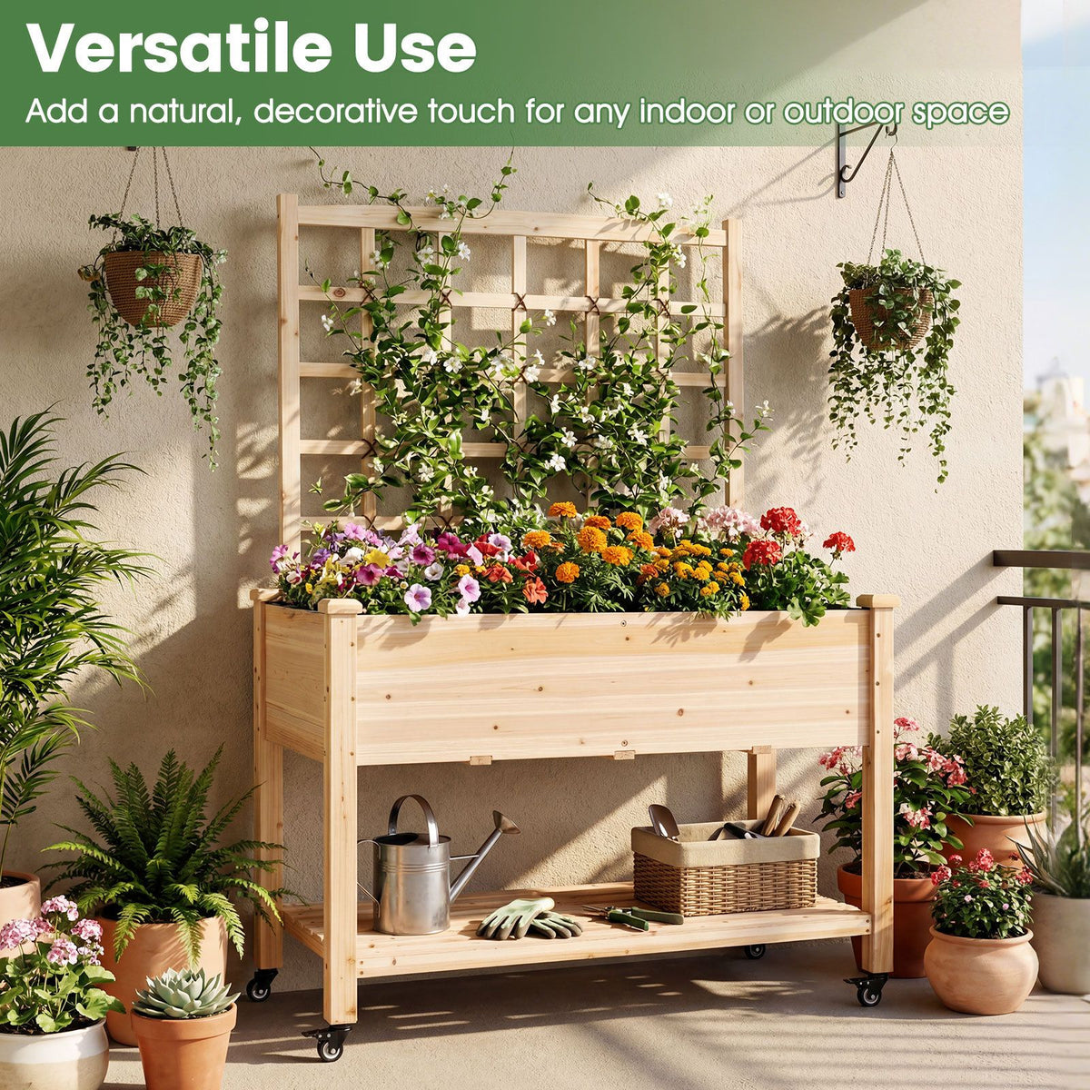 Wooden Raised Garden Bed with Trellis Liner and Drainage Holes for Climbing Plant